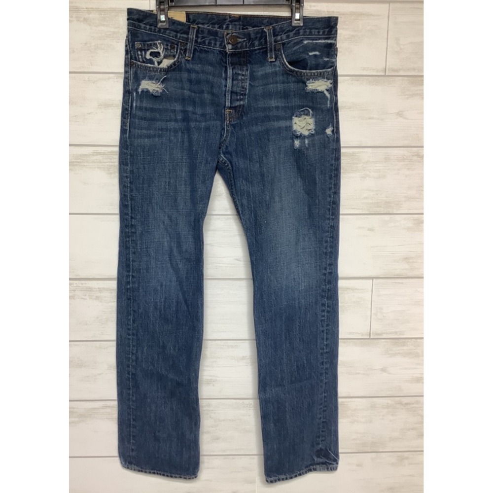 Hollister Men’s Straight Jeans in Distressed Dark Blue Wash